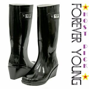 Women's Rainboots, Tall Wedge Rain Boots, RB-3100, Black